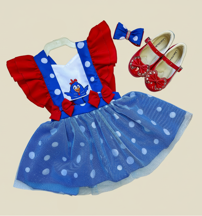 Romper/Vestido Galinha Pintadinha Azul e Vermelho