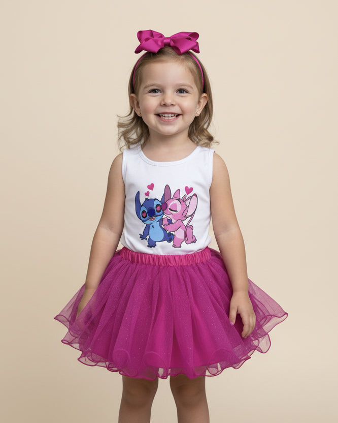 Conjunto Infantil Body e Saia Pink Lilo Stitch e Angel
