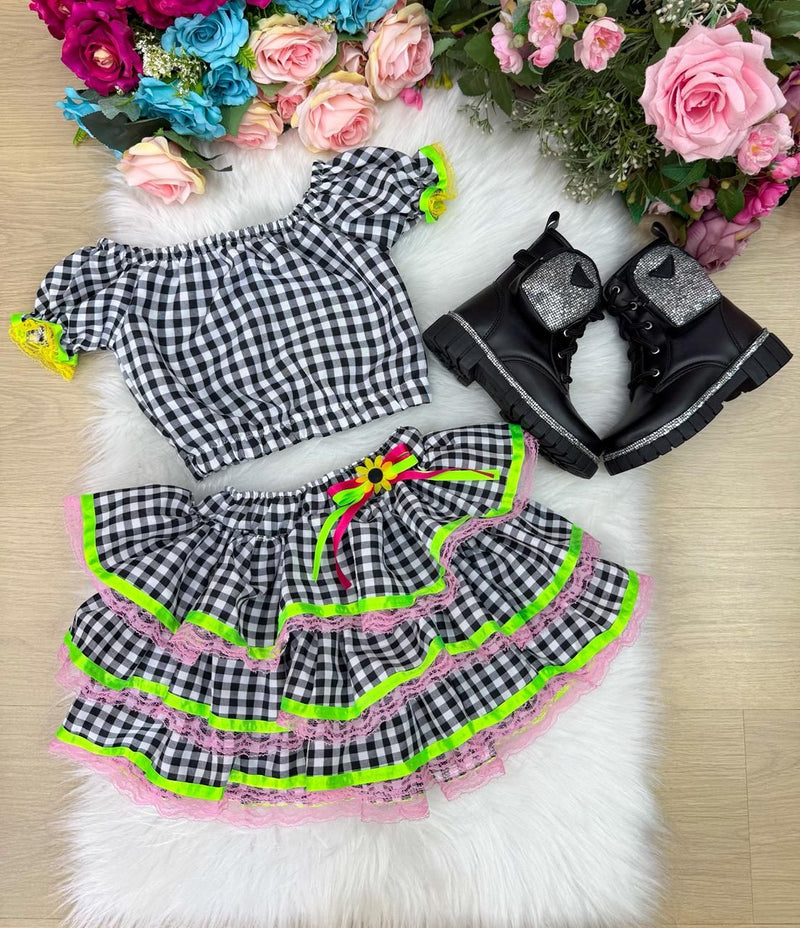 Conjunto Junino Banana Club Luxo Gabriela Xadrez Preto