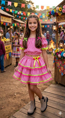 Conjunto Junino Banana Club Luxo Gabriela Xadrez Pink