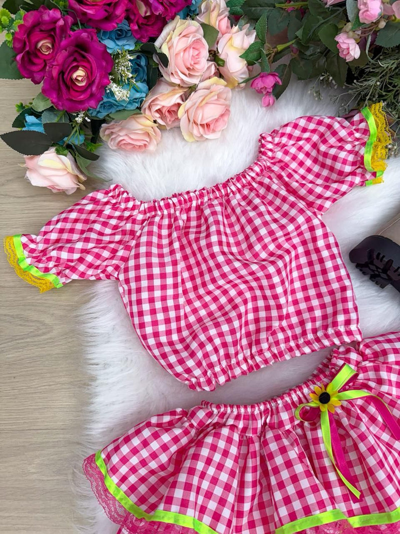 Conjunto Junino Banana Club Luxo Gabriela Xadrez Pink