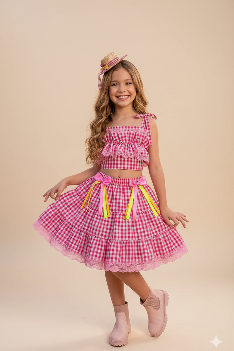 Conjunto Junino Luxo - Charme do Arraia Rosa
